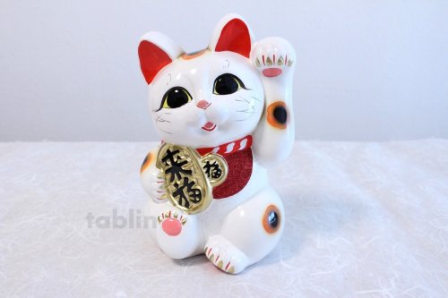Other Images2: Japanese Lucky Cat Tokoname ware YT Porcelain Maneki Neko dance white H23cm