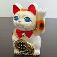 Japanese Lucky Cat Tokoname ware YT Porcelain Maneki Neko dollar ren white H19cm