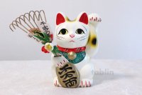 Japanese Lucky Cat Tokoname yaki ware Porcelain Maneki Neko fuku High 7.5 inch