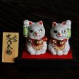 Photo5: Japanese Lucky Cat Kutani yaki ware Porcelain Maneki Neko nigo siro sakari pair