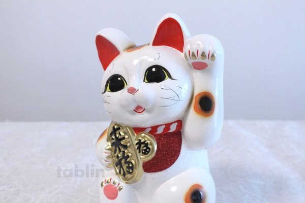 Photo1: Japanese Lucky Cat Tokoname ware YT Porcelain Maneki Neko dance white H23cm