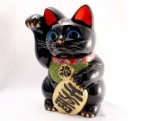 Japanese Lucky Cat Tokoname ware YT Porcelain Maneki Neko black right H25cm