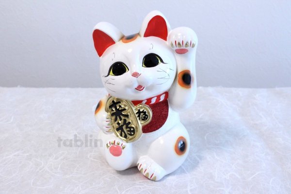 Photo2: Japanese Lucky Cat Tokoname ware YT Porcelain Maneki Neko dance white H23cm