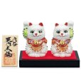 Photo2: Japanese Lucky Cat Kutani yaki ware Porcelain Maneki Neko nigo siro sakari pair (2)