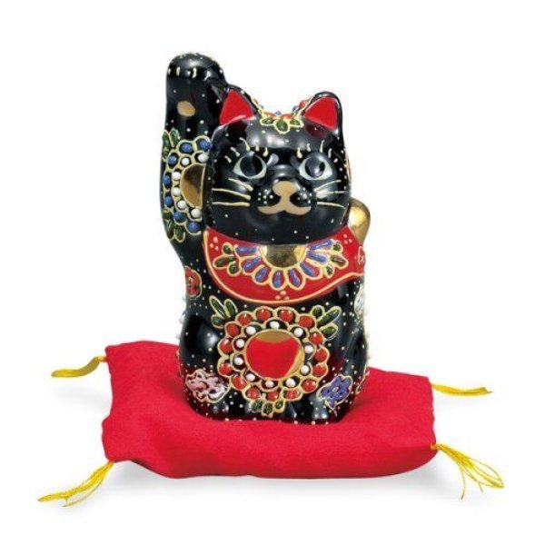 Photo1: Japanese Lucky Cat Kutani yaki ware Porcelain Maneki Neko Black sakari H 10cm