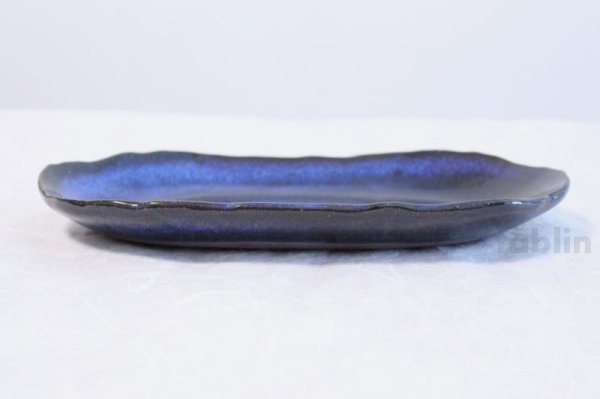 Photo3: Hagi ware Japanese plate Blue glaze Watatsumi oval W310mm