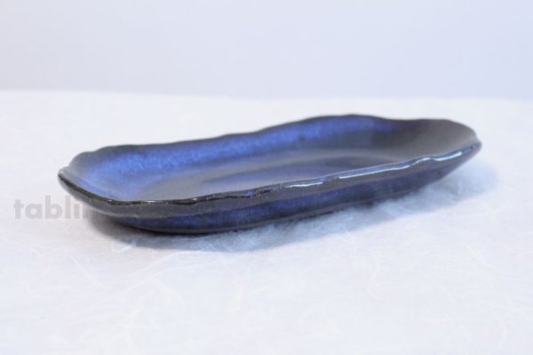 Photo4: Hagi ware Japanese plate Blue glaze Watatsumi oval W310mm