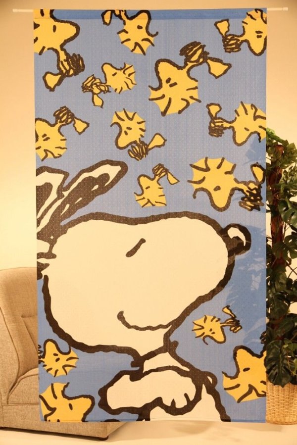 Photo1: Noren CSMO Japanese door curtain Snoopy & Woodstock aqua 85 x 150cm