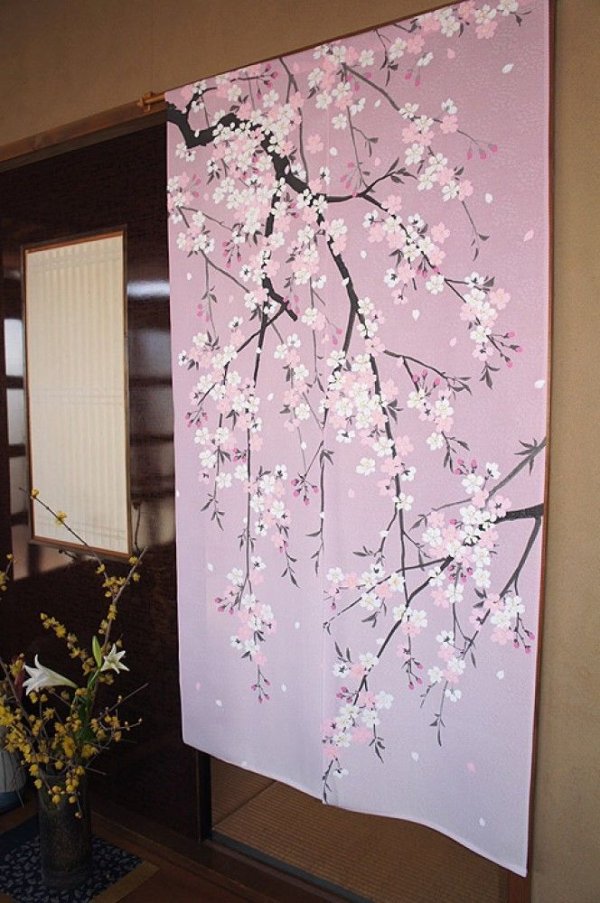 Photo1: Noren CSMO Japanese door curtain Weeping Sakura pink 85 x 150cm