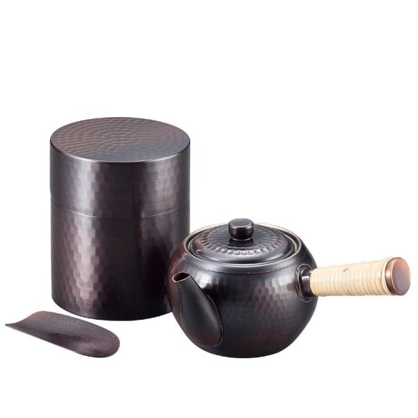 Photo1: Japanese Copper tea pot 345ml & tea caddy 200ml 