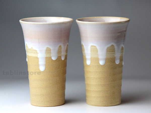 Photo1: Hagi pottery sake tumbler high shizuku shochu 360ml set of 2