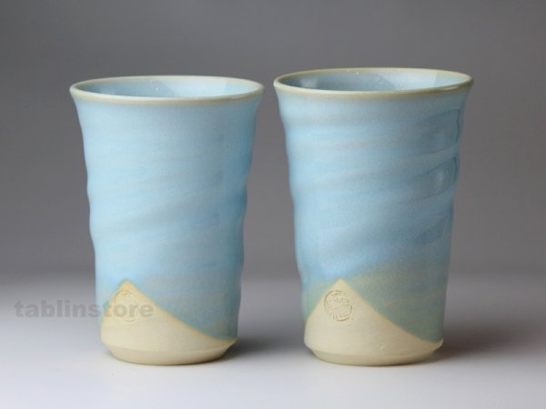 Photo1: Hagi pottery sake tumbler high chinshu tanso blue 360ml set of 2