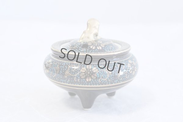 Photo4: Kutani yaki ware Japanese incense burner Aochibu tessen H 8cm