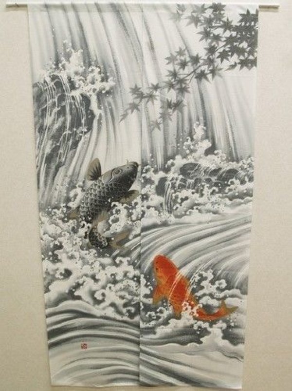 Photo2: Noren Japanese Curtain Doorway Ukiyo-e flying carp 85cm x 150cm