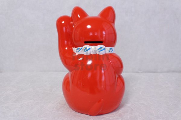 Photo4: Japanese Lucky Cat Tokoname ware YT Porcelain Maneki Neko koban left red H25cm