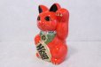 Photo2: Japanese Lucky Cat Tokoname ware YT Porcelain Maneki Neko koban left red H25cm (2)