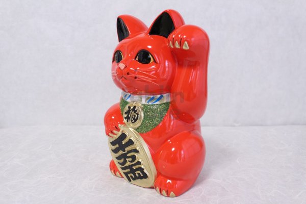 Photo2: Japanese Lucky Cat Tokoname ware YT Porcelain Maneki Neko koban left red H25cm