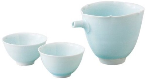 Photo7: Hasami ware Japanese Sake bottle and Sake cup set Seiji light blue glaze