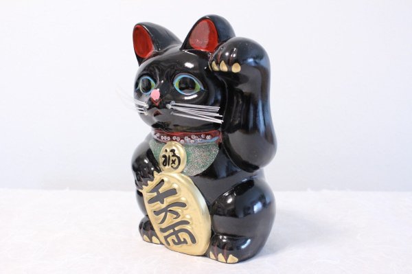 Photo1: Japanese Lucky Cat Tokoname ware YT Porcelain Maneki Neko Kai black left h H19cm