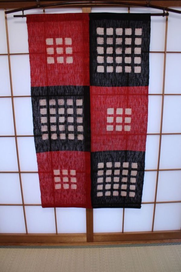 Photo9: Kyoto Noren SB Japanese batik door curtain Koshi Check black red 88cm x 150cm