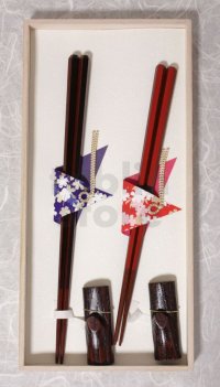 Hexagonal Conjugal Japanese lacquer chopsticks & rest Gift set