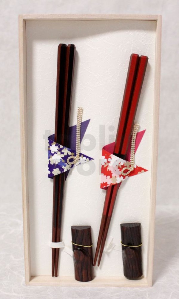 Photo6: Hexagonal Conjugal Japanese lacquer chopsticks & rest Gift set