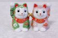 Photo2: Japanese Lucky Cat Kutani Porcelain Maneki Neko ninana green pink H 8cm set of 2 (2)