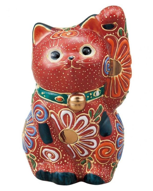 Photo1: Japanese Lucky Cat Kutani Porcelain Maneki Neko sansan mori H 10cm 