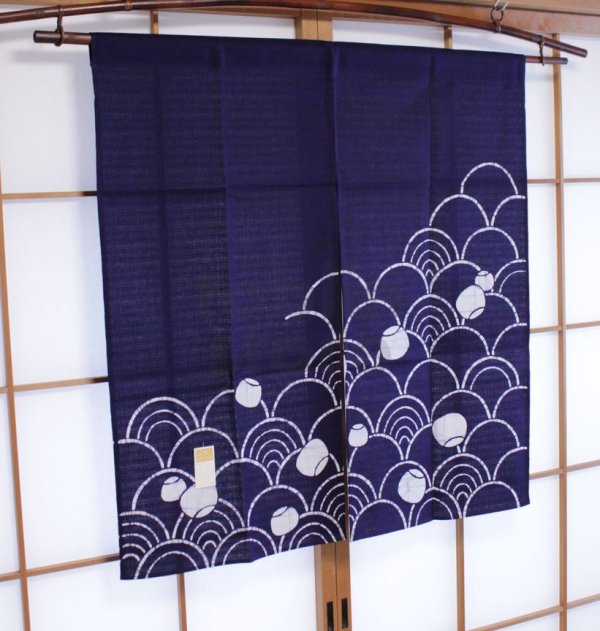 Photo1: Kyoto Noren SB Japanese batik door curtain Nami Wave navy blue 85cm x 90cm