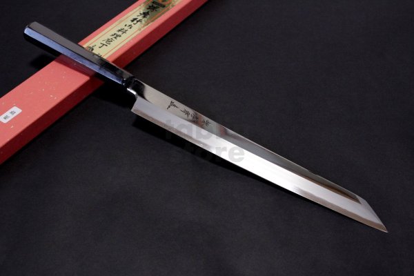 Photo2: SAKAI TAKAYUKI Limited Edition Ginsan Yasuki silver-3 steel Mirror Finish Ebony wood Kengata Kiritsuke Sashimi knife 300mm