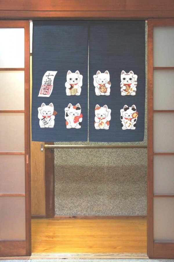 Photo1: Noren CSMO Japanese door curtain Shitifuku neko dark blue 85 x 90cm