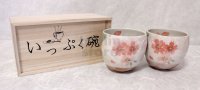 Mino Japanese pottery yunomi tea cups set of 2 cherry blossoms w/wooden box