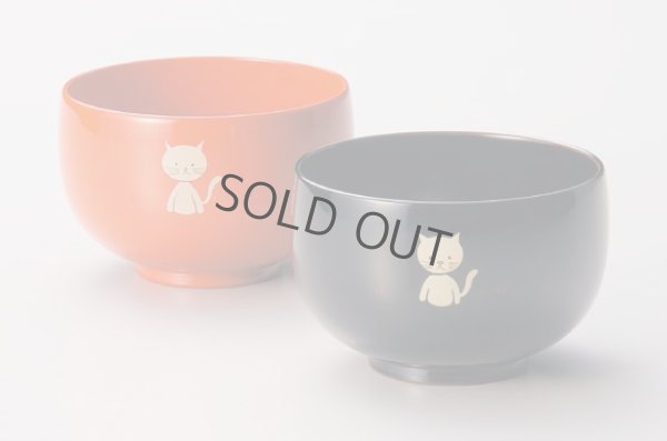 Photo1: Japanese Echizen Urushi lacquer soup rice bowl wan cat neko D9.2cm set of 2