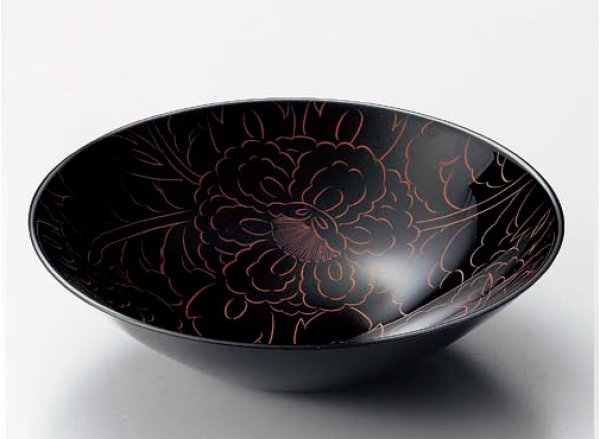 Photo1: Japanese Echizen Urushi lacquer Serving bowl peony pattern shu moriki D19cm