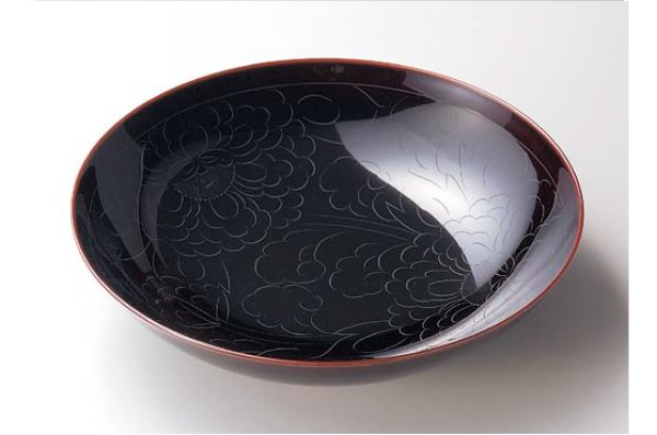 Photo1: Japanese Echizen Urushi lacquer Serving bowl peony pattern ryu D21.5cm