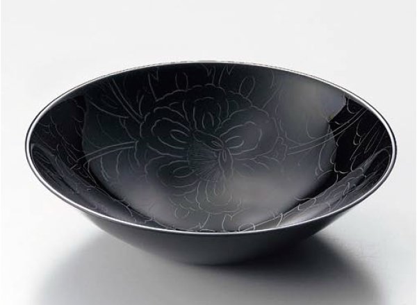 Photo1: Japanese Echizen Urushi lacquer Serving bowl peony pattern kuro moriki D19cm