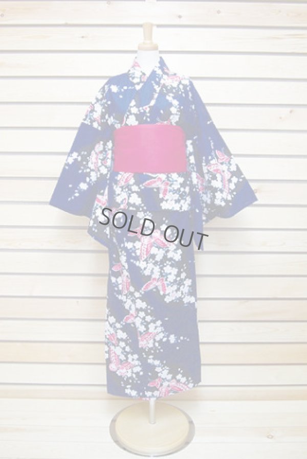 Photo2: Japanese Yukata women's Kimono sweet butterfly cotton 100% with obi band