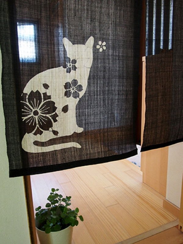 Photo2: Kyoto Noren SB Japanese batik door curtain cat Black 100% linen 88 x 150cm