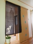 Photo1: Kyoto Noren SB Japanese batik door curtain cat Black 100% linen 88 x 150cm (1)