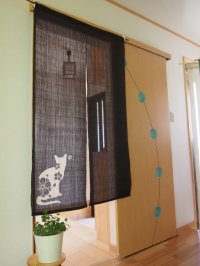 Kyoto Noren SB Japanese batik door curtain cat Black 100% linen 88 x 150cm