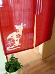 Photo3: Kyoto Noren SB Japanese batik door curtain cat red 100% linen 88 x 150cm (3)