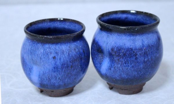 Photo2: Hagi yaki ware Japanese tea cups pottery watatumi daruma blue yunomi set of 2