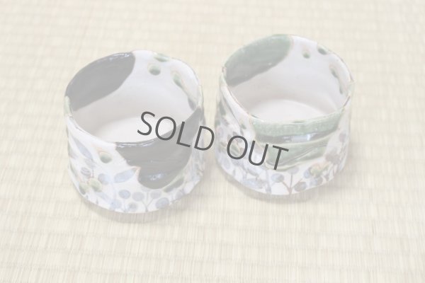 Photo6: Mino Japanese pottery matcha tea bowl chawan Oribe hanamon set of 2 w/woodbox 