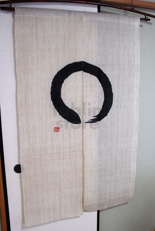 Photo1: Kyoto Noren SB Japanese batik linen door curtain enso black round 89 x 150cm