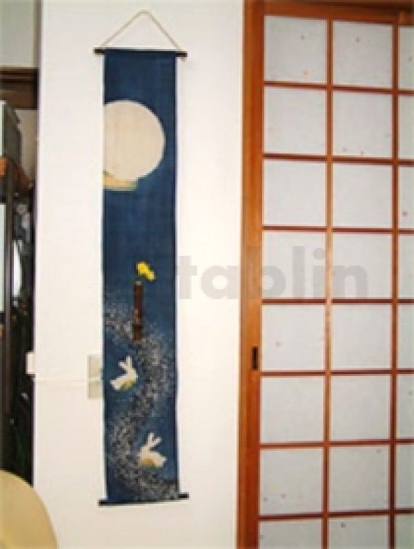Photo3: Kyoto tapestry SB Japanese batik moon & rabbit single‐flower vase navy 19 x120cm
