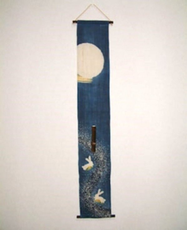 Photo1: Kyoto tapestry SB Japanese batik moon & rabbit single‐flower vase navy 19 x120cm
