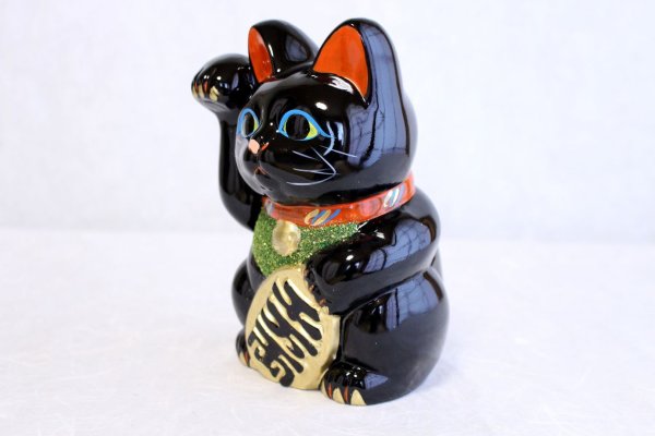 Photo2: Japanese Lucky Cat Tokoname ware YT Porcelain Maneki Neko black right H23cm