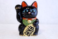 Japanese Lucky Cat Tokoname ware YT Porcelain Maneki Neko black right H23cm