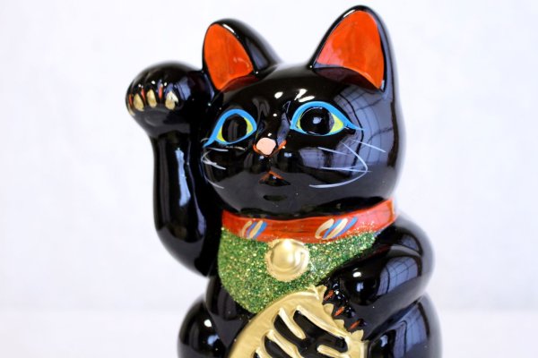 Photo1: Japanese Lucky Cat Tokoname ware YT Porcelain Maneki Neko black right H19cm