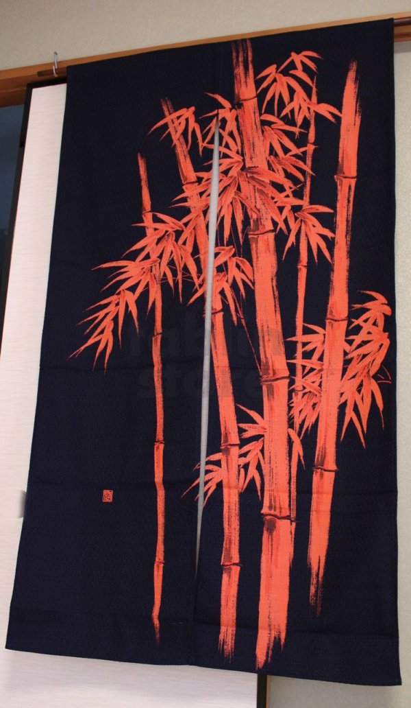 Photo1: Noren CSMO Japanese door curtain bamboo bassen blue red discharge dye 85 x 150cm
